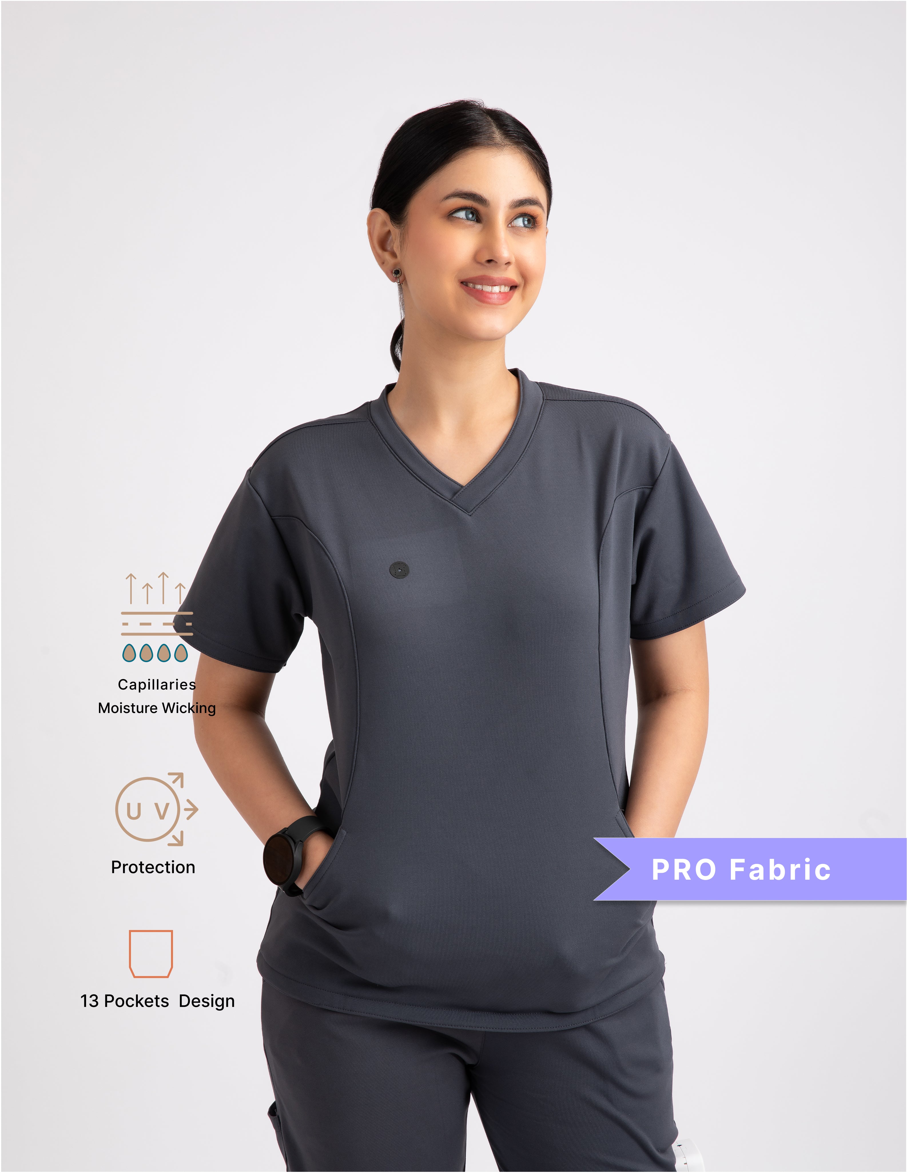 ANCHOR GREY V Neck Straight Pant 4 way Stretch PRO Fabric Female Full set Scrub M PRO Fabric 2 Layer