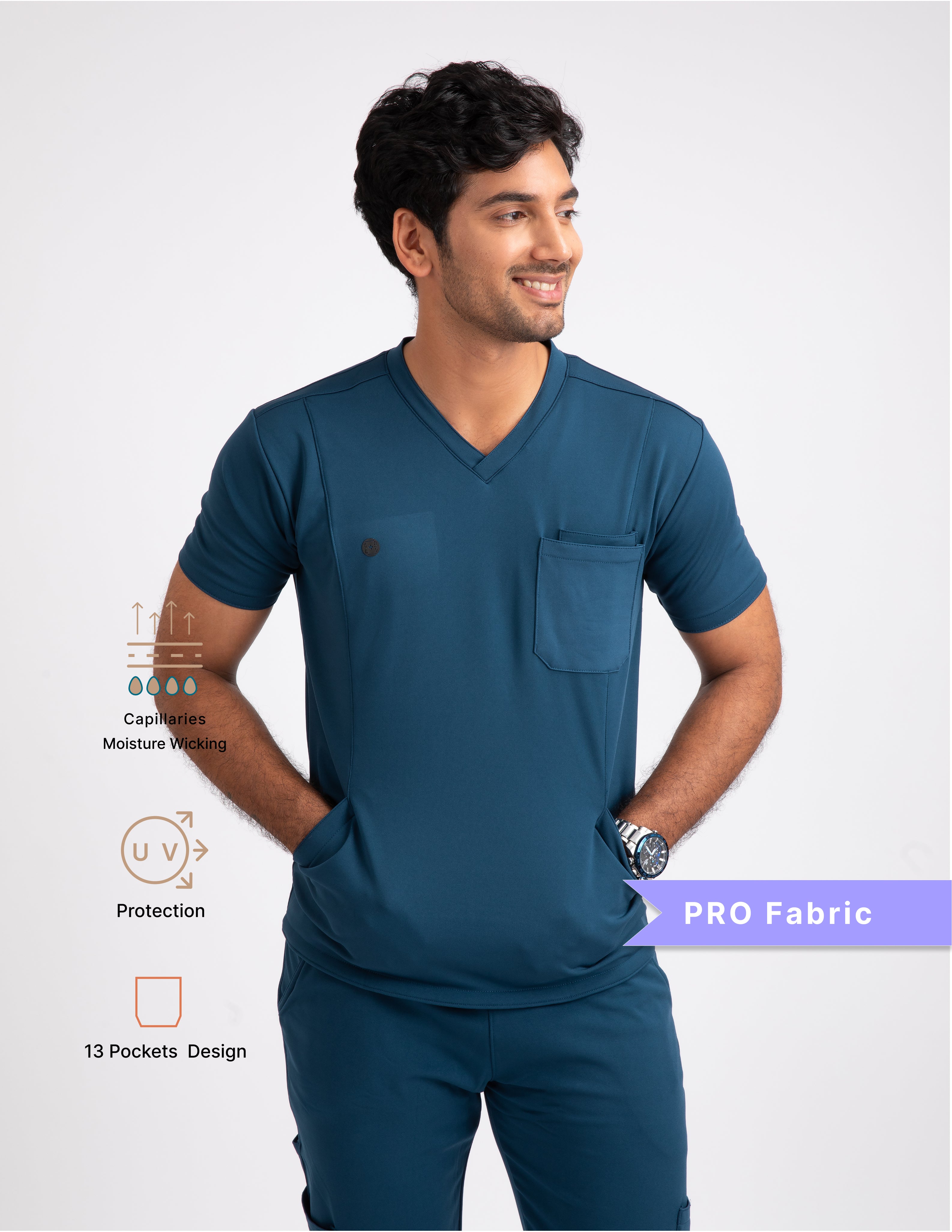 PRUSSIAN BLUE V Neck Straight Pant 4 way Stretch Male Full set Scrub M PRO Fabric 2 Layer