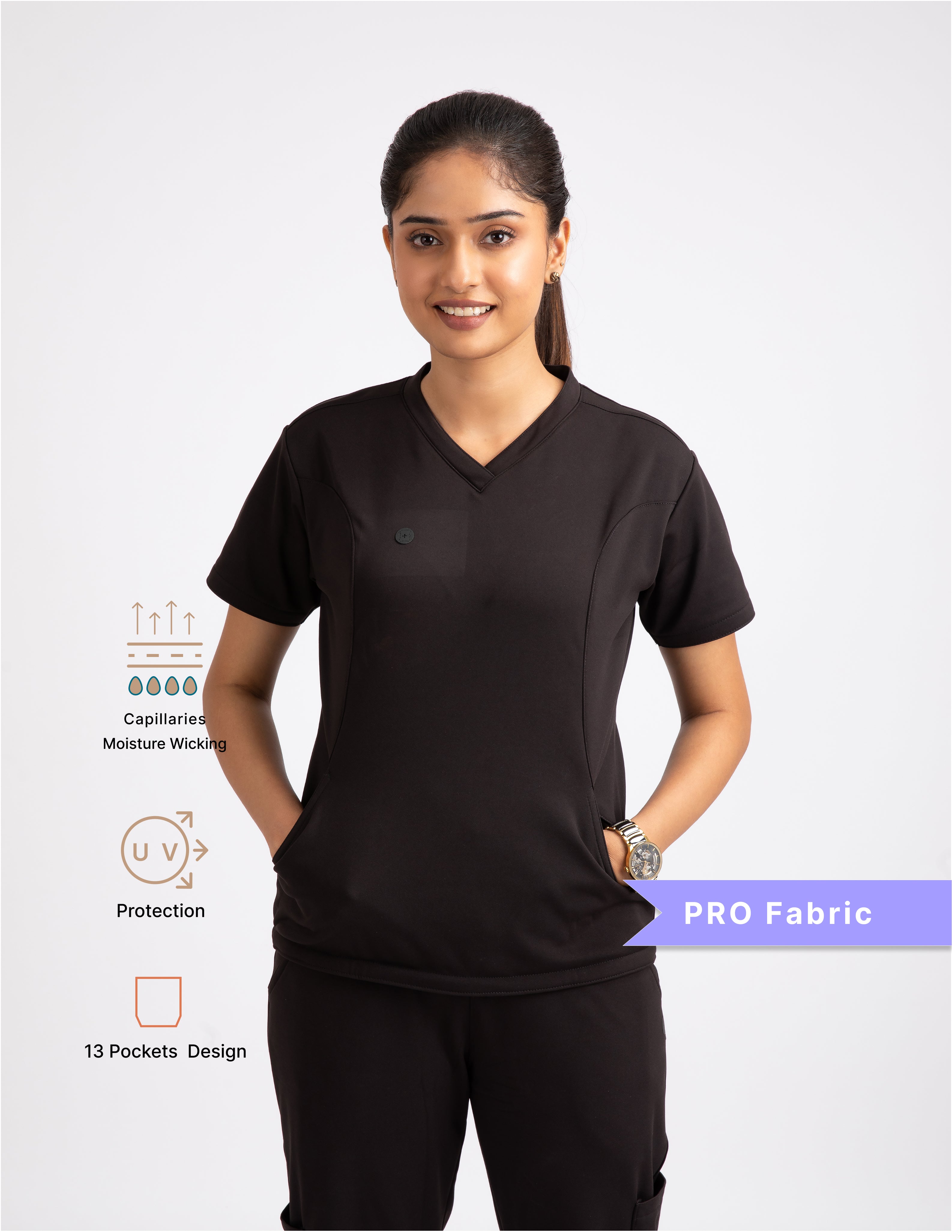 VANTA BLACK V Neck Straight Pant 4 way Stretch Female Full set Scrub M PRO Fabric 2 Layer