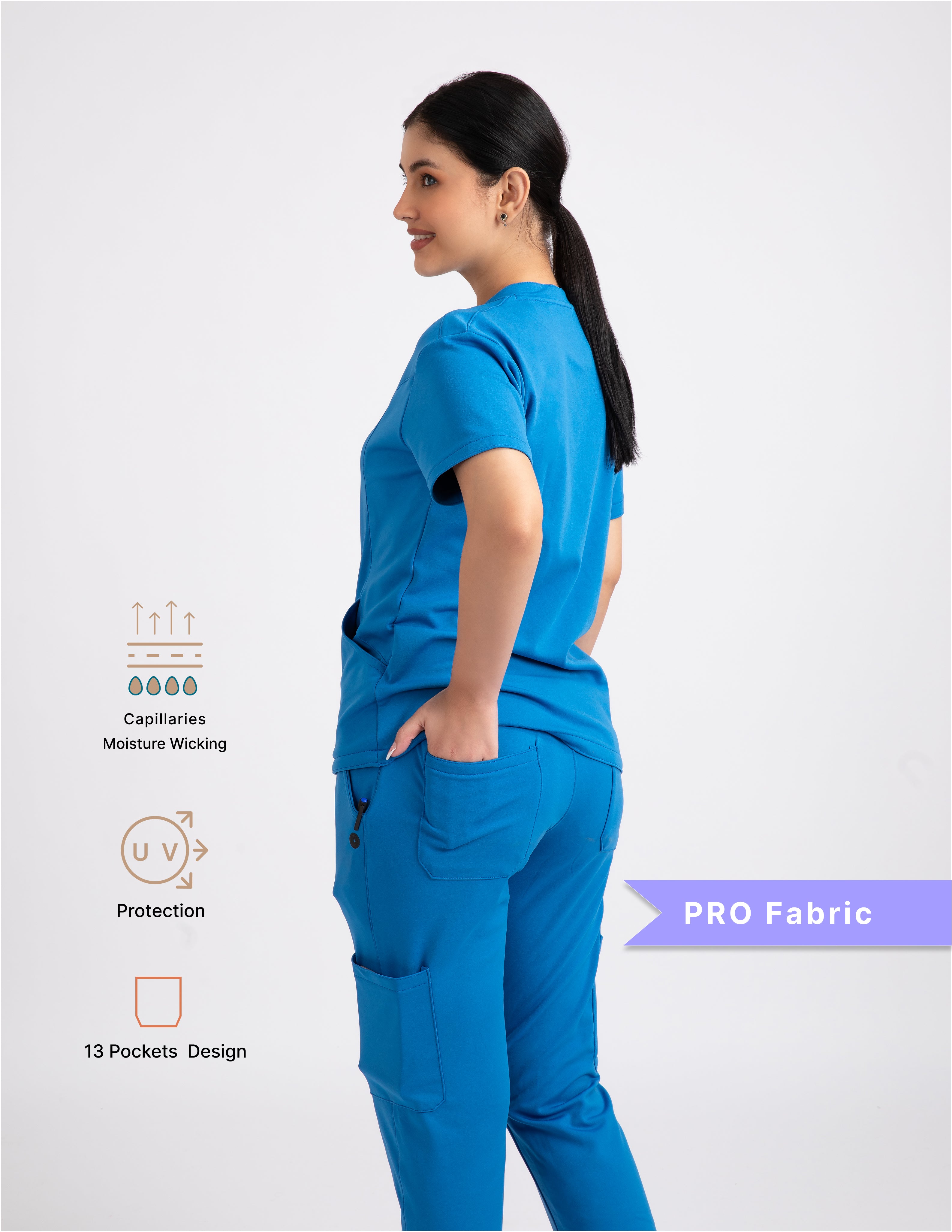 DODGER BLUE V Neck Straight Pant 4 way Stretch Female Full set Scrub M PRO Fabric 2 Layer