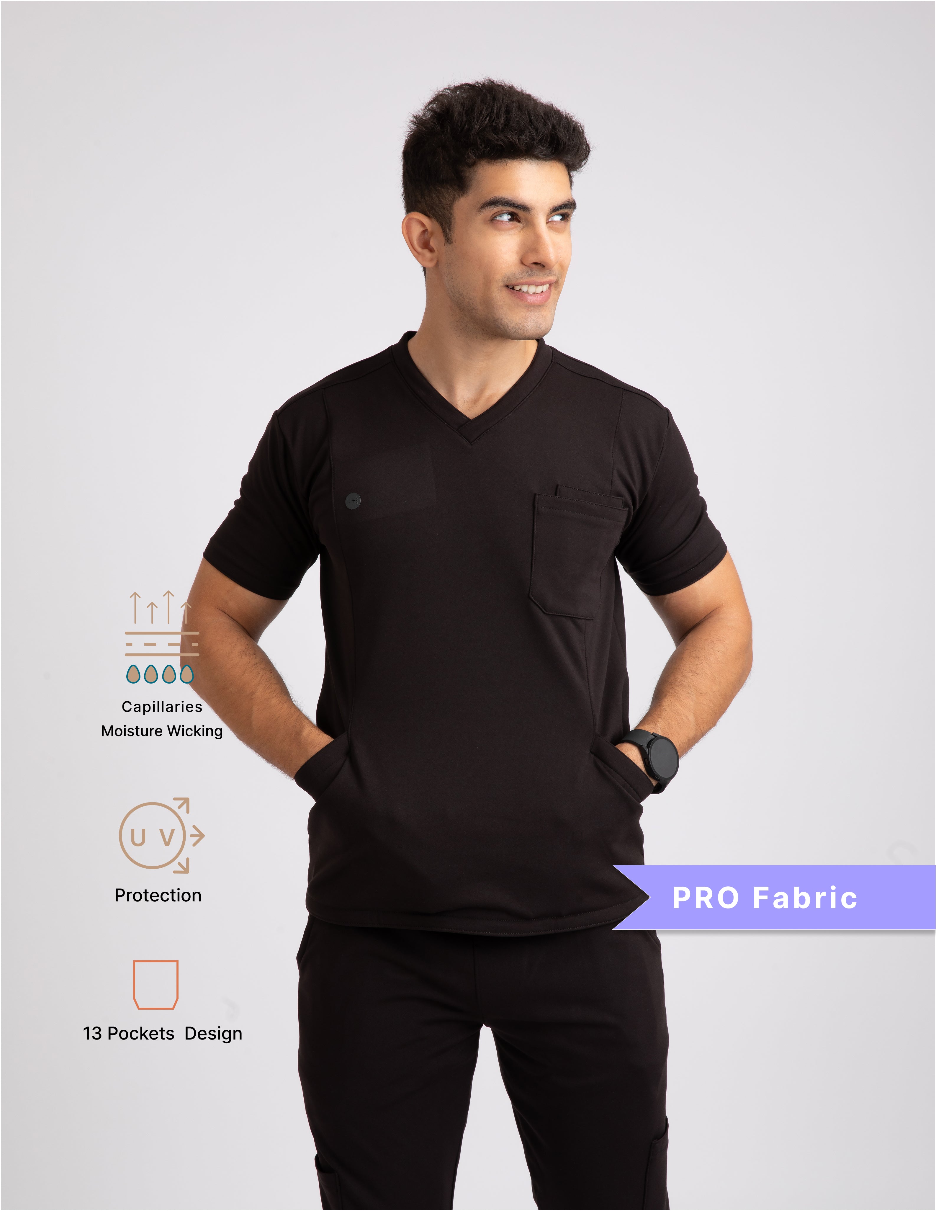 VANTA BLACK V Neck Straight Pant 4 way Stretch Male Full set Scrub M PRO Fabric 2 Layer