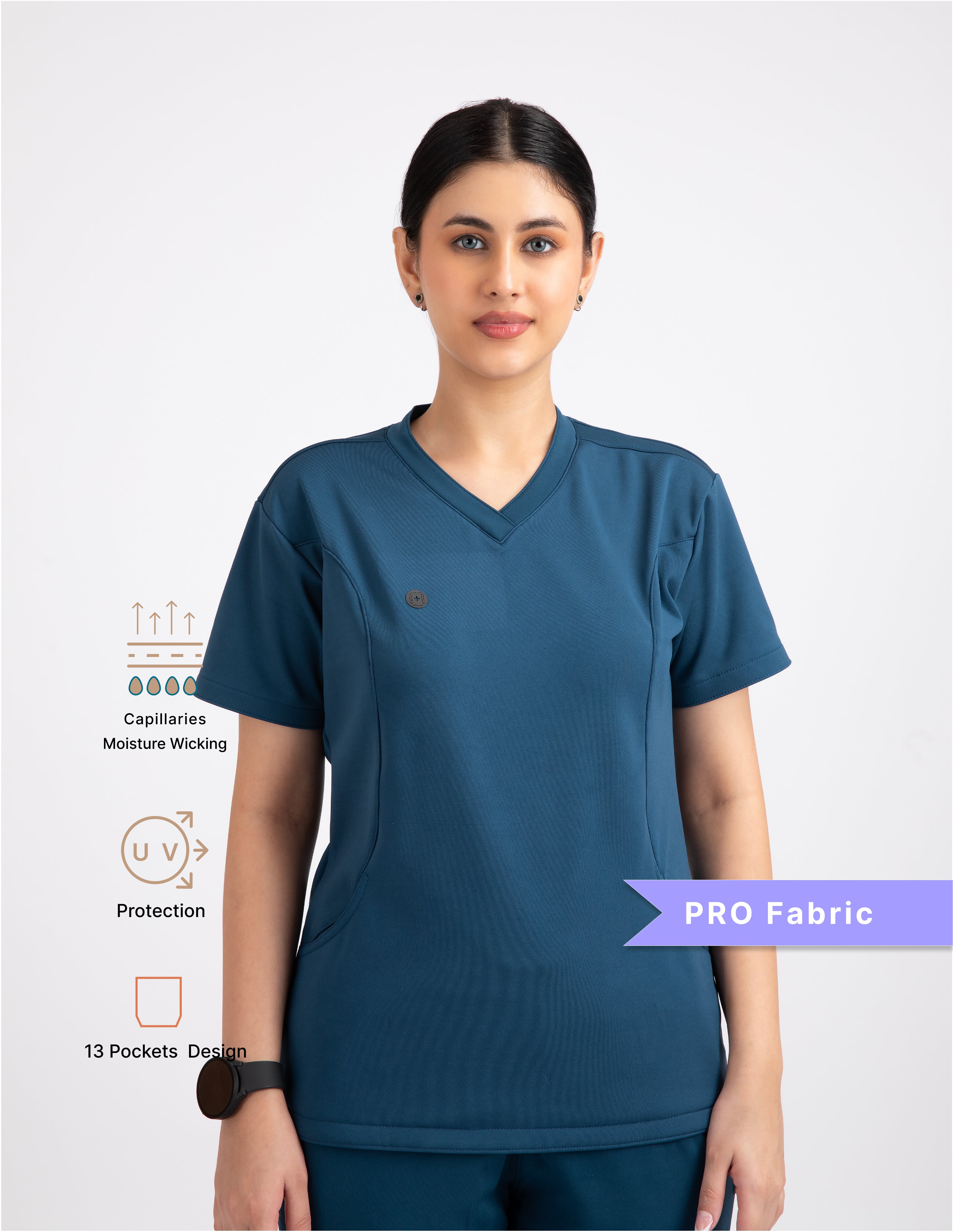 PRUSSIAN BLUE V Neck Straight Pant 4 way Stretch Female Full set Scrub M PRO Fabric 2 Layer