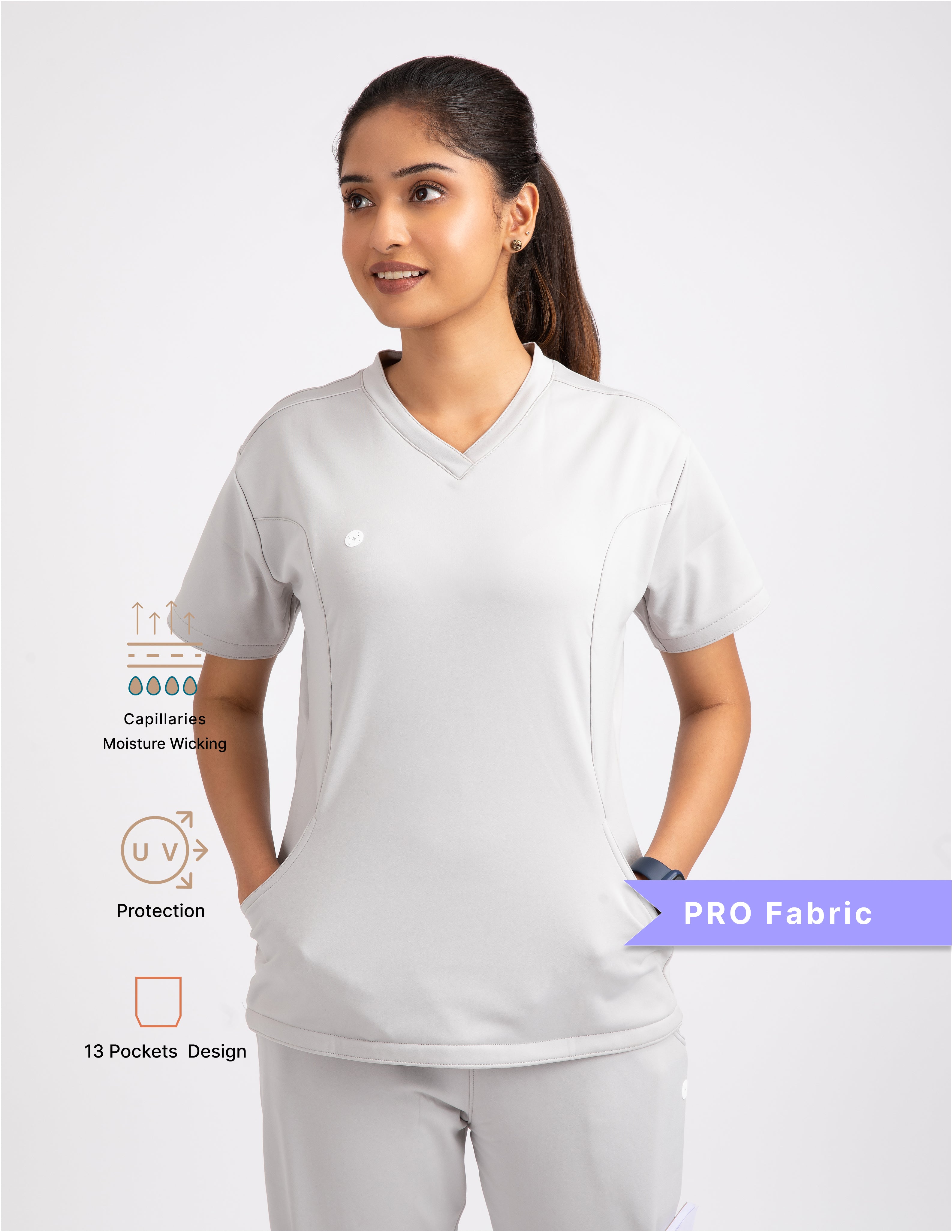 Alabaster White V Neck Straight Pant 4 way Stretch Female Full set Scrub M PRO Fabric 2 Layer