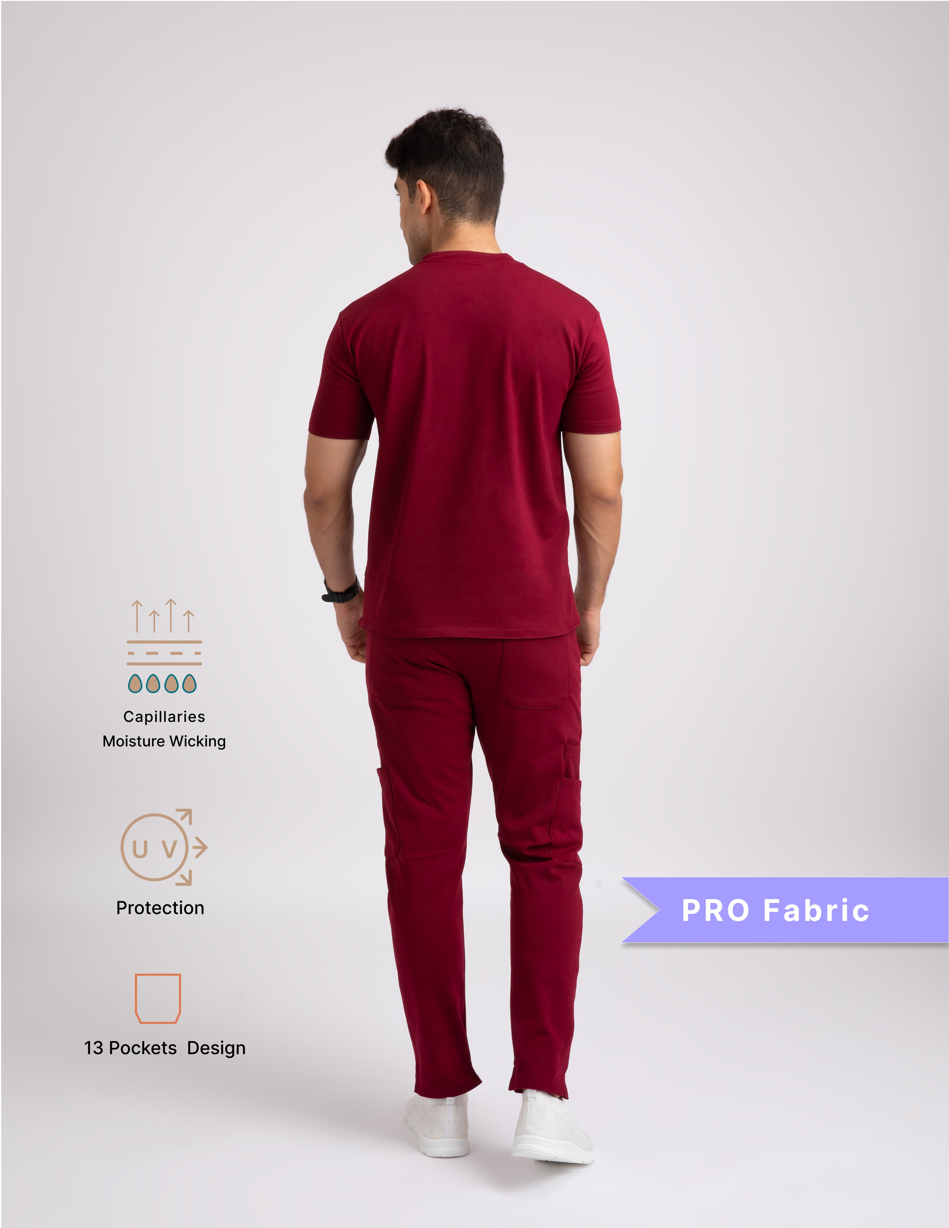 CARMINE RED V Neck Straight Pant 4 way Stretch Male Full set Scrub M PRO Fabric 2 Layer