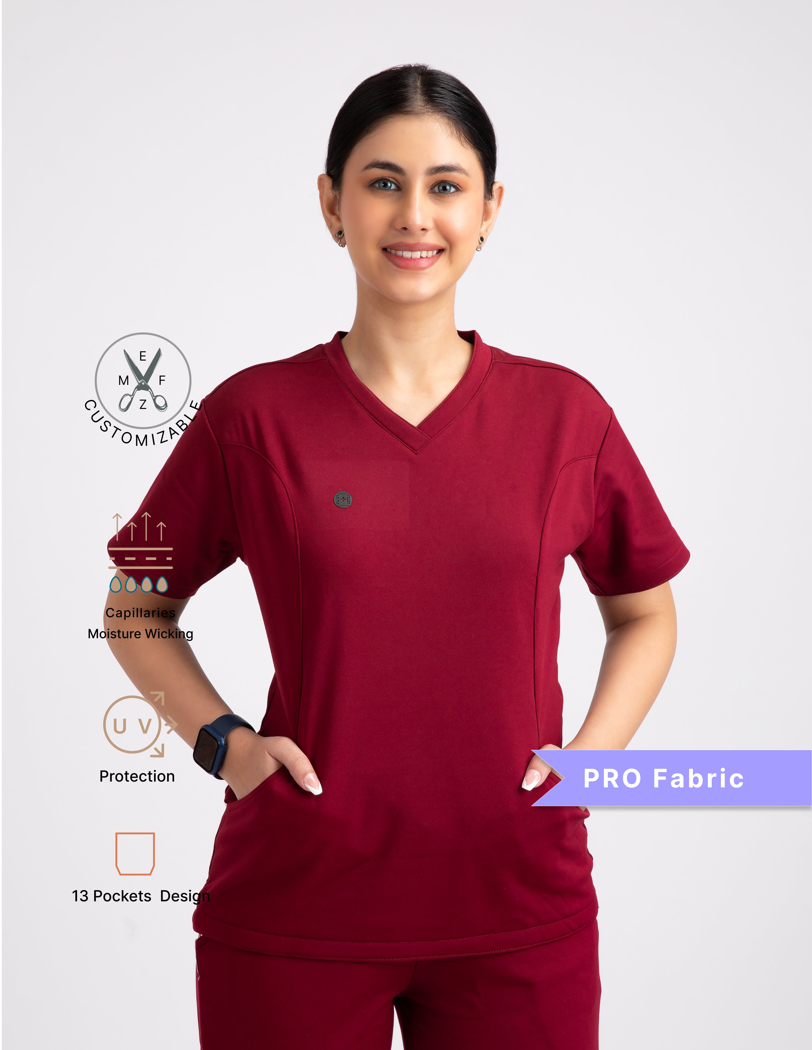 CARMINE RED V Neck Straight Pant 4 way Stretch Female Full set Scrub M PRO Fabric 2 Layer