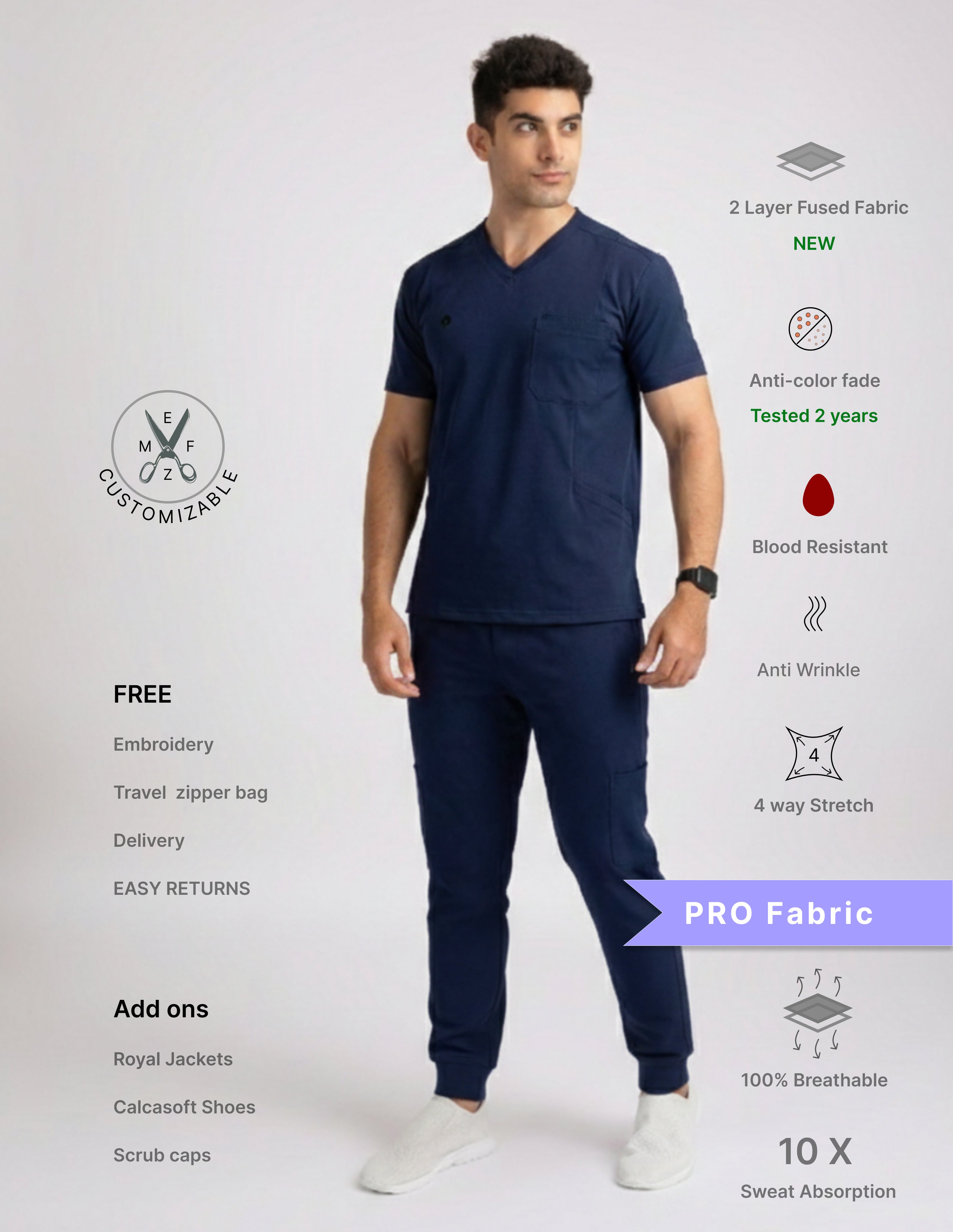 ORLIN NAVY V Neck Straight Pant 4 way Stretch Male Full set Scrub M PRO Fabric 2 Layer