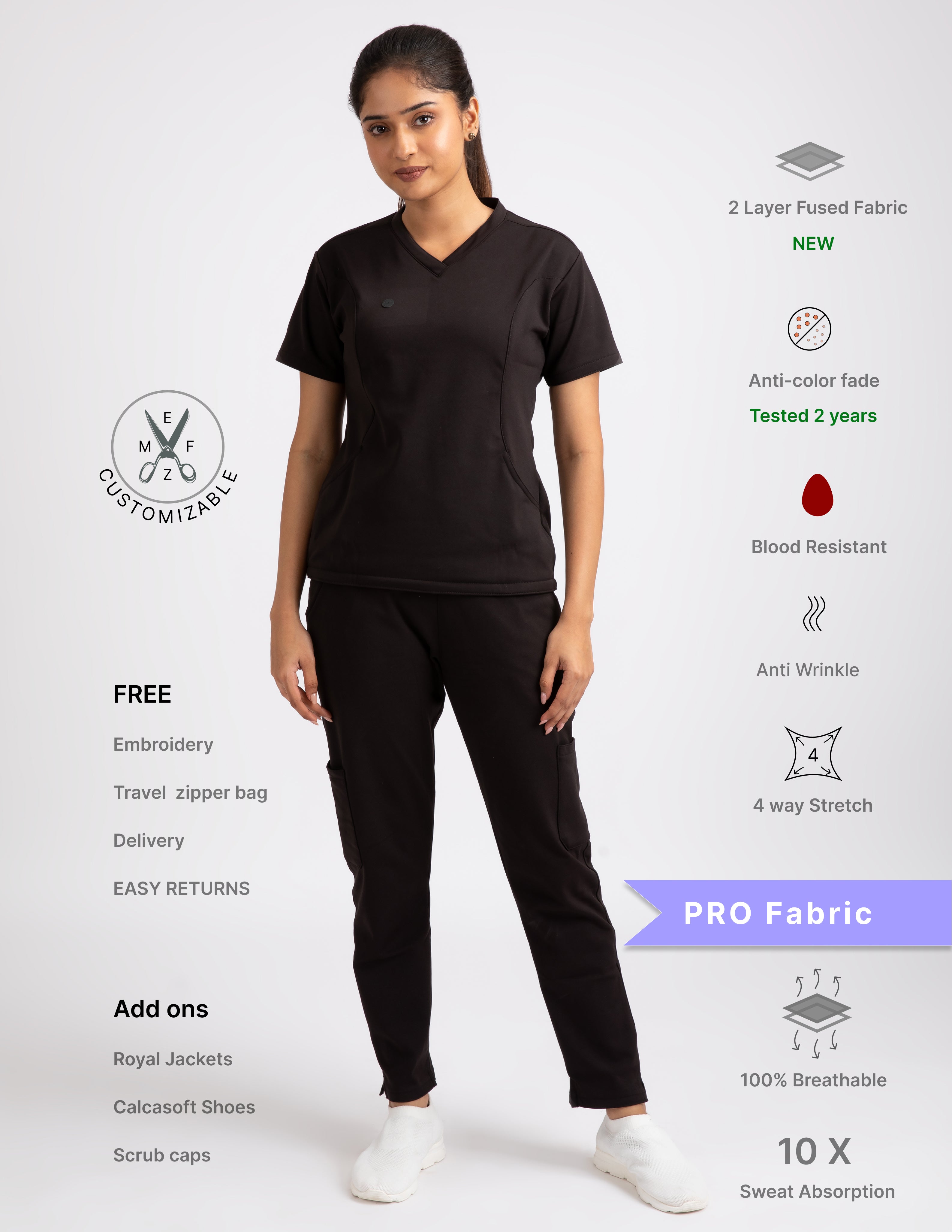 VANTA BLACK V Neck Straight Pant 4 way Stretch Female Full set Scrub M PRO Fabric 2 Layer