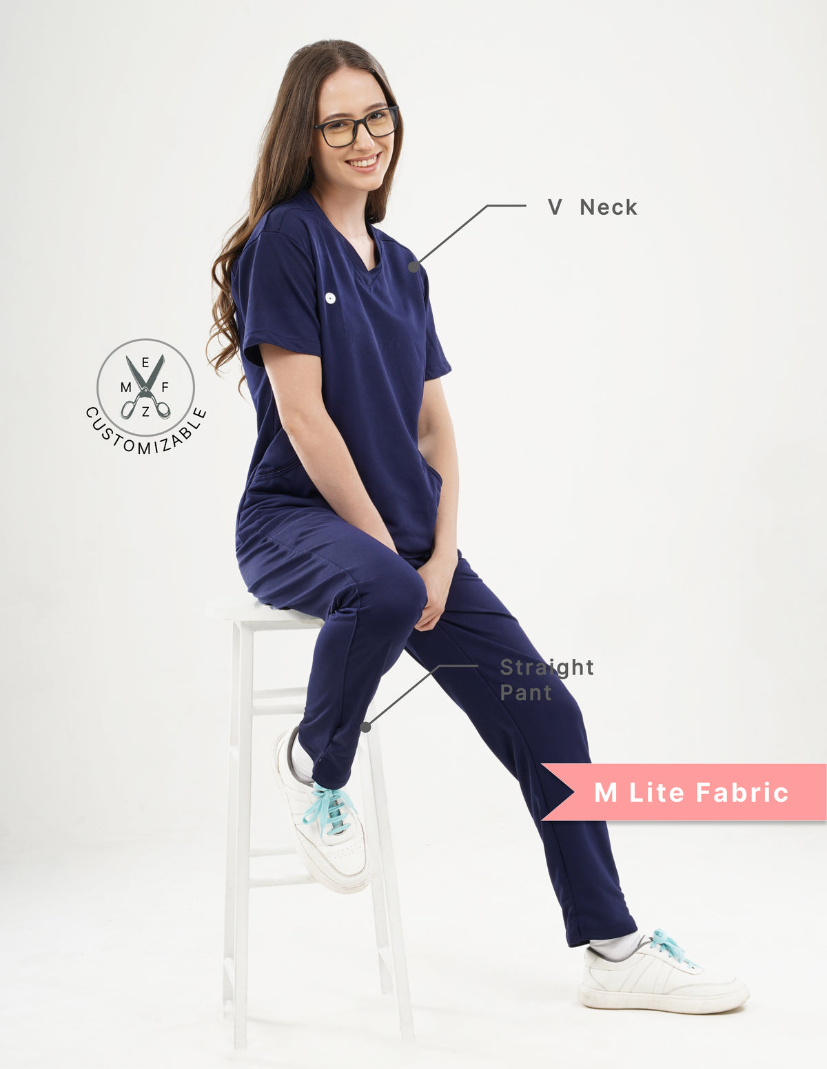 MIDNIGHT NAVY V Neck Straight Pant 2 way Stretch Female Full set Scrub M Lite series (Made in India fabric)