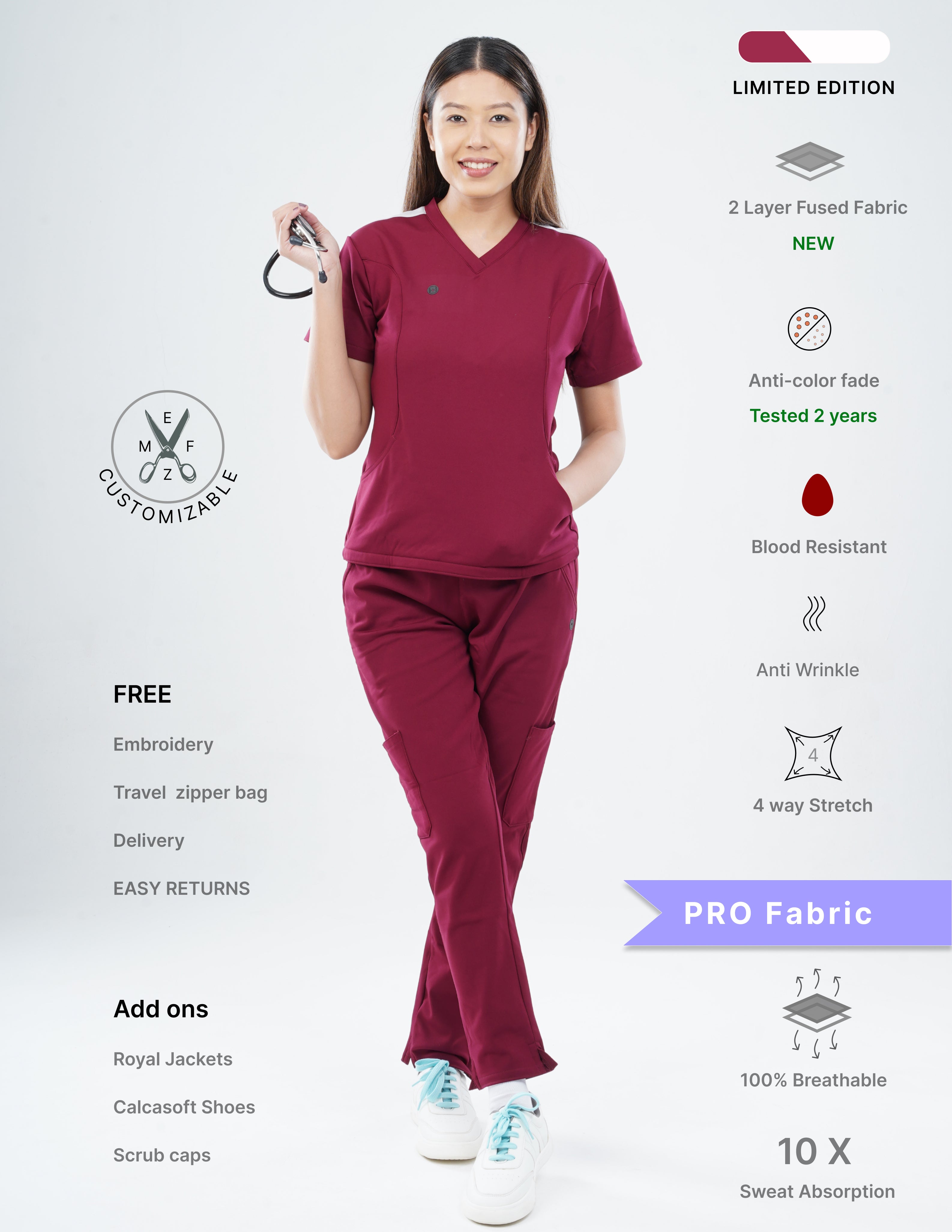 CARMINE RED - LIMITED EDITION  V Neck / Straight Pant / 4 way Stretch (FemaleFullset) MKZ14