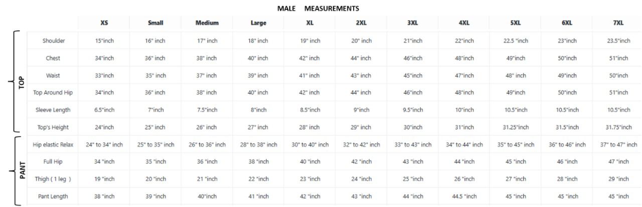 A printed size chart titled 'MALE MEASUREMENTS' with columns for sizes XXS through 700 and rows listing body measurements such as shoulder, chest, waist, and hip length.