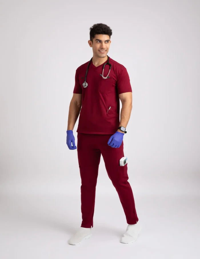 COD – Non Customized Luxury Scrubs Medical Carmine RED (Male Top) - Image 5