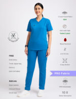 Customizable DODGER BLUE - PRO Fabric / V Neck / Straight Pant / 4 way Stretch(FemaleFullset)