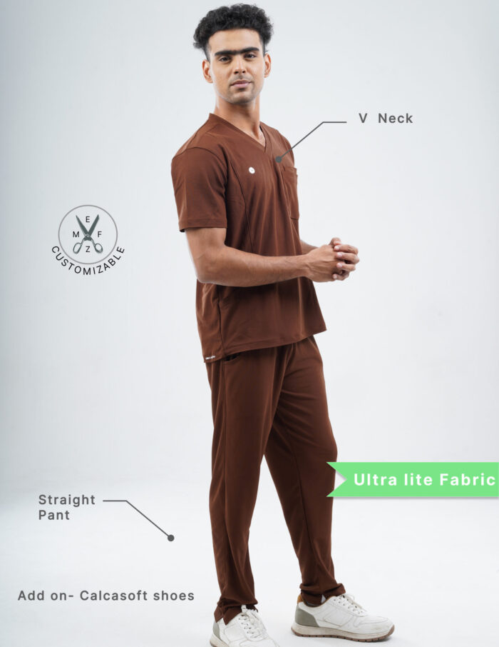 Customizable MOCHA BROWN - Ultra Lite Fabric / V Neck / Straight Pant / 2 way Stretch(MaleFullset) MKZ219 - Image 2