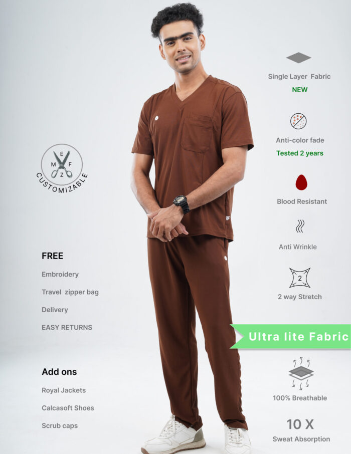 Customizable MOCHA BROWN - Ultra Lite Fabric / V Neck / Straight Pant / 2 way Stretch(MaleFullset) MKZ219 - Image 1