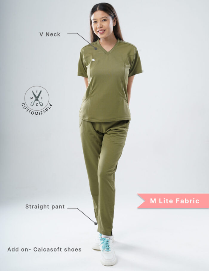 Quick Delivery | CHENNAI | Customizable FERIL OLIVE - M Lite Fabric / V Neck / Straight Pant / 2 way Stretch(FemaleFullset) MKZ291 - Image 2