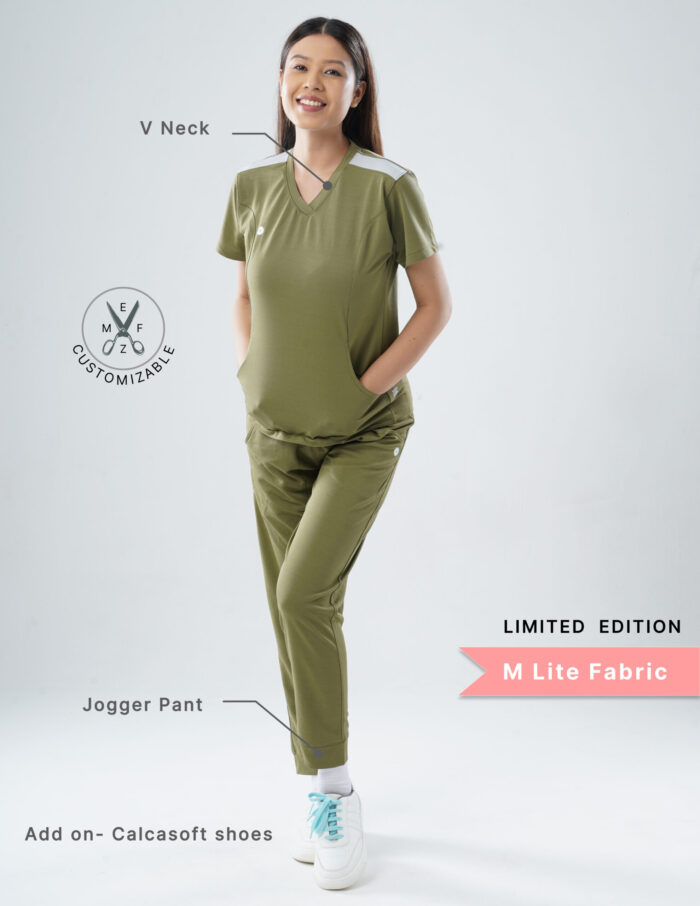 Customizable FERIL OLIVE LIMITED EDITION - M Lite Fabric / V Neck / Jogger Pant / 2 way Stretch(FemaleFullset) MKZ45 - Image 2
