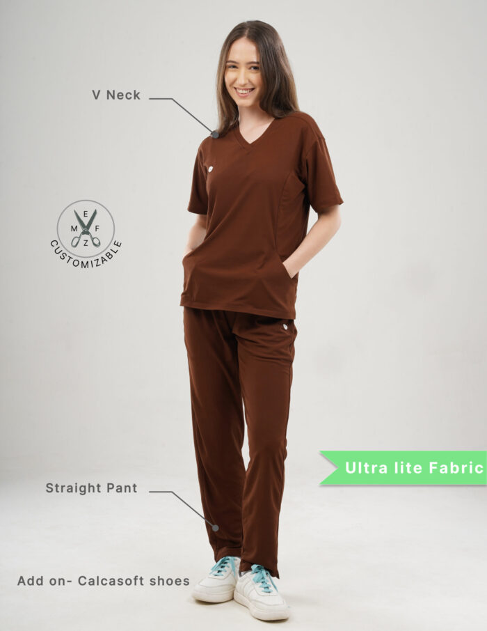 Customizable MOCHA BROWN - Ultra Lite Fabric / V Neck / Straight Pant / 2 way Stretch(FemaleFullset) MKZ92 - Image 2