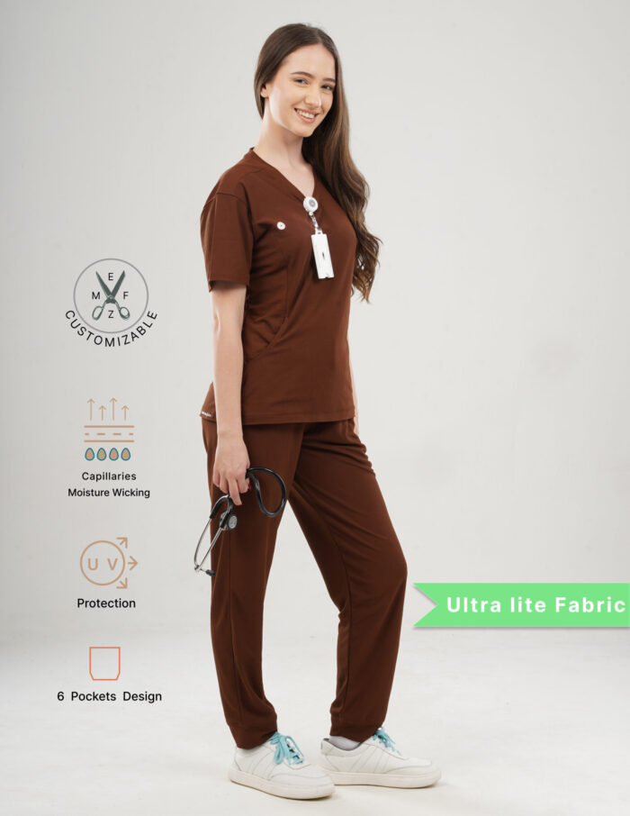 Customizable MOCHA BROWN - Ultra Lite Fabric / V Neck / Jogger Pant / 2 way Stretch(FemaleFullset) MKZ91 - Image 3