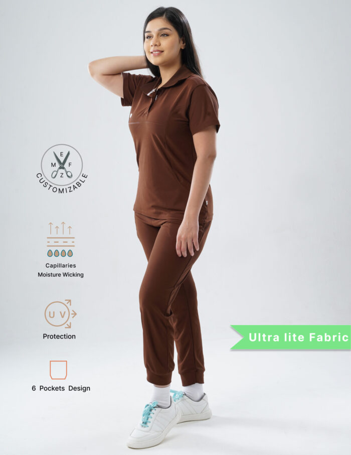 Customizable MOCHA BROWN - Ultra Lite Fabric / Polo Collar / Jogger Pant / 2 way Stretch(FemaleFullset) MKZ99 - Image 3