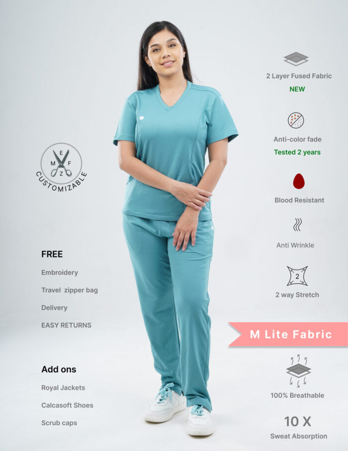 Quick Delivery | CHENNAI | Customizable HYLORA TEAL - Ultra Lite Fabric / V Neck / Straight Pant / 2 way Stretch(FemaleFullset) MKZ294 - Image 1