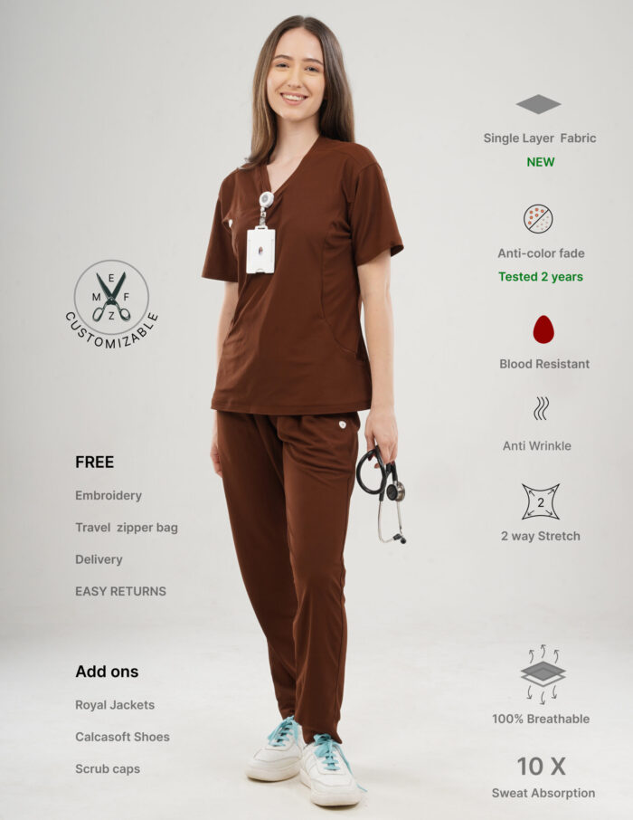 Customizable MOCHA BROWN - Ultra Lite Fabric / V Neck / Jogger Pant / 2 way Stretch(FemaleFullset) MKZ91 - Image 1