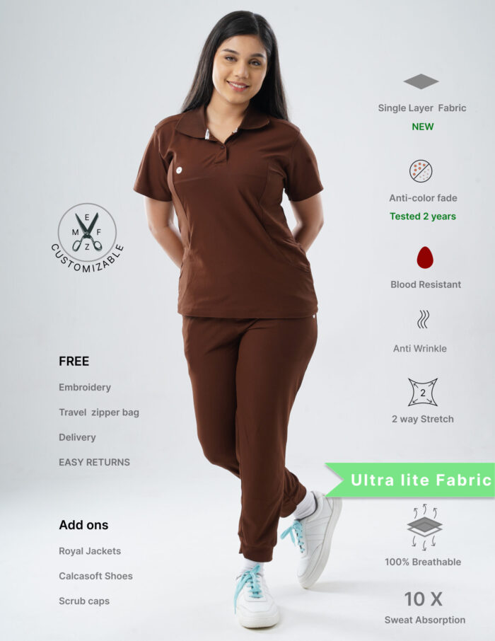 Customizable MOCHA BROWN - Ultra Lite Fabric / Polo Collar / Jogger Pant / 2 way Stretch(FemaleFullset) MKZ99 - Image 1